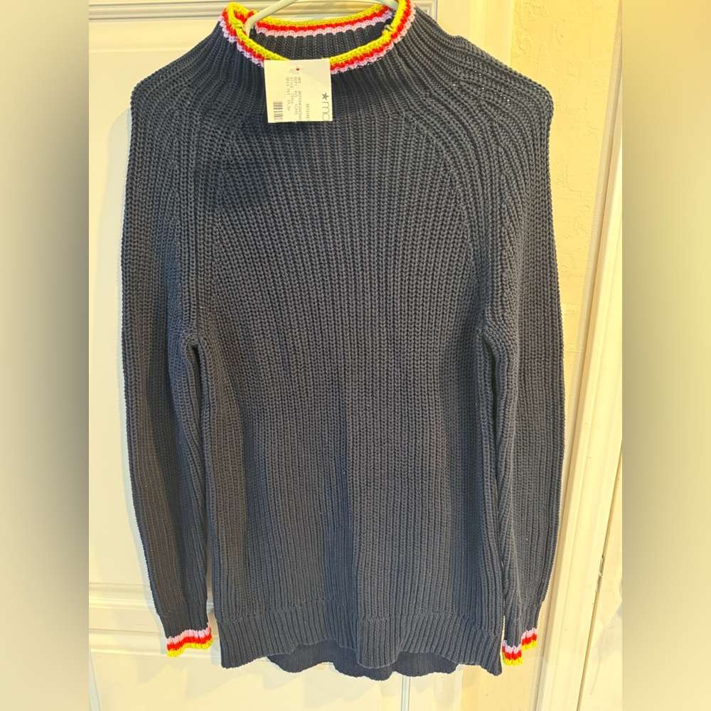 Style & Co Navy Chunky Knit Sweater Rainbow Trim NWT Size M